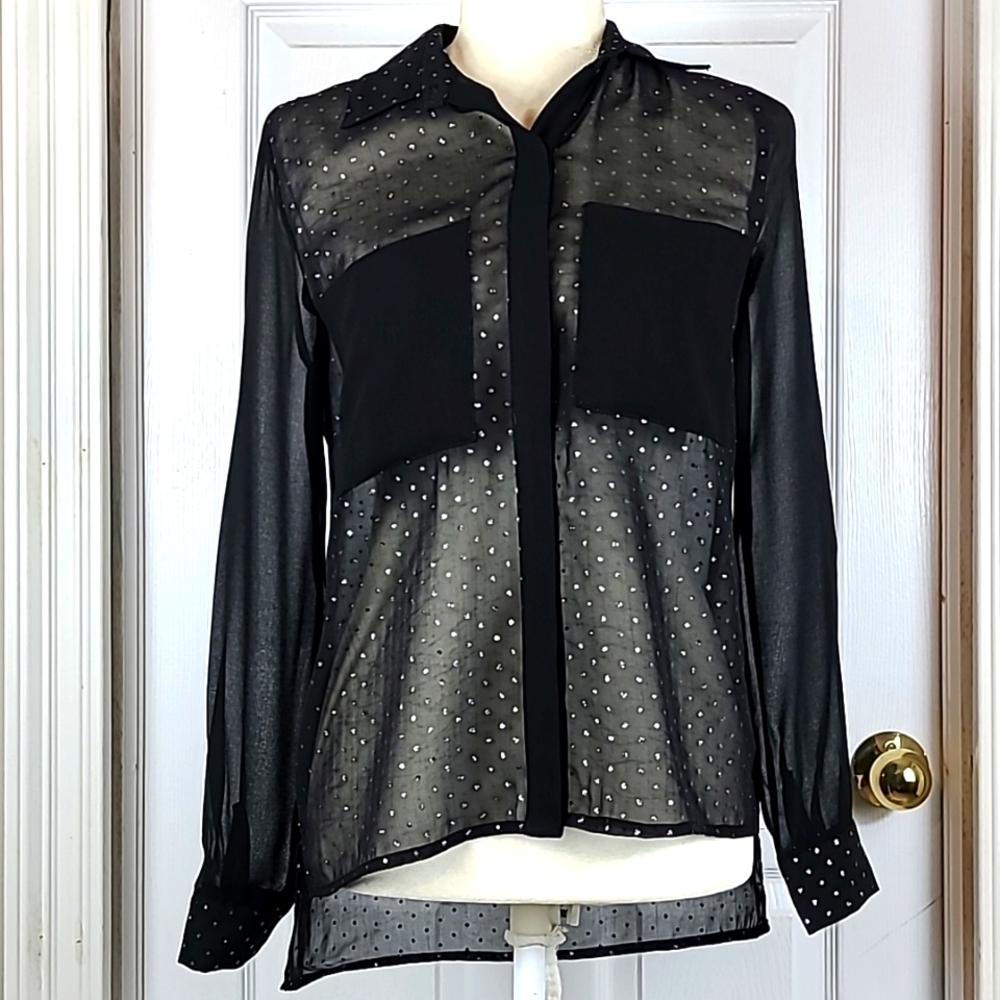 Chelsea & Violet Sheer Black Dot Button-Down Blouse
